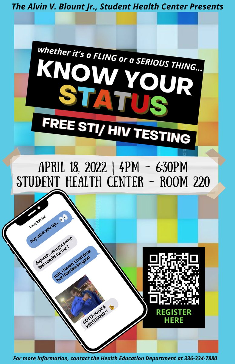 ncatshc's tweet photo. What's better than knowing your status? Schedule an appointment with us at the Health Center for FREE STI/HIV testing using the link in our bio! Testing will be on April 18th, from 4:00 PM - 6:30 PM in the Student Health Center. See you there! #NCAT 💙💛 
•
•
•
#ncatshc #NCAT https://t.co/9AxK3HNUF0