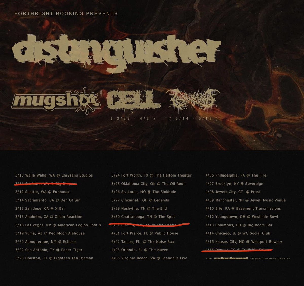 <a href="/Distinguisher_/">Distinguisher</a> wraps up their headliner today.

Major shoutouts &amp; many thank you’s to <a href="/EXTORTIONISTnw/">extortionist</a>, <a href="/mugshotca/">Mugshot</a>, <a href="/cellmetal_/">CELL</a> and <a href="/thewillowca/">The Willow</a> for being a part of this tour — every promoter that put on a show, and all the friends who supported. 

(Red lines: sold out shows).