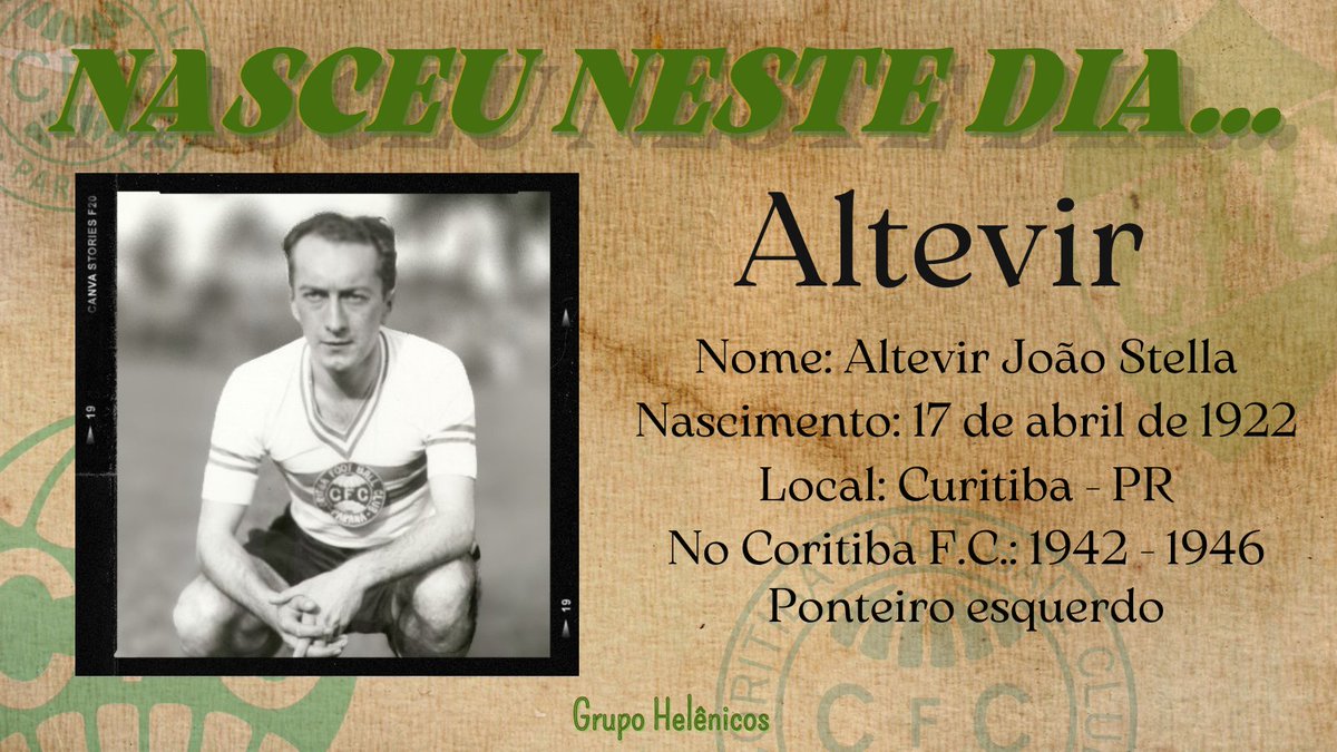 grupohelenicos's tweet photo. Há 100 anos, em Curitiba, nascia "ALTEVIR" João Stella. Ponteiro esquerdo que jogou pelo Coxa entre os anos de 1942 e 1946. Dono de uma potente chute, tinha o apelido de "Bazuca". Marcou 30 gols com a camisa alviverde. #coritiba #bazuca #altevir #cfc #coxabranca https://t.co/JjPgu4K4Gf