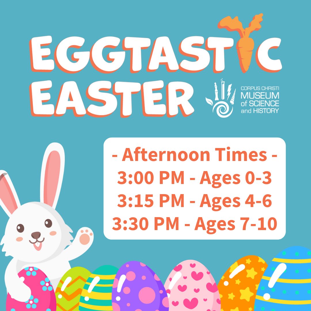 Don’t miss our afternoon Easter Egg Hunts at our Eggtastic Easter event beginning at 3pm! Easter Bunny Photos, animals from Storybook Farms, and more! Visit ccmuseum.com/Easter2022 for more info and ticketing! 🥕🐇

3:00 PM - Ages 0-3
3:15 PM - Ages 4-6
3:30 PM - Ages 7-10
