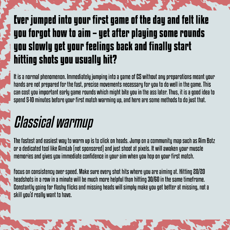 spraycontrolcs's tweet photo. 🖊️ Part of the beauty of Counter Strike is its diversity - there's many ways to play, and in turn there's many ways to warm up. Spraycontrol's Casey Pak gives you some inspiration ahead of your next game.

#counterstrike #esports #csgo https://t.co/5KsyJAMf34