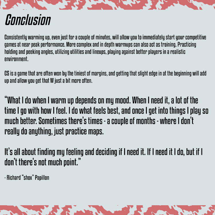 spraycontrolcs's tweet photo. 🖊️ Part of the beauty of Counter Strike is its diversity - there's many ways to play, and in turn there's many ways to warm up. Spraycontrol's Casey Pak gives you some inspiration ahead of your next game.

#counterstrike #esports #csgo https://t.co/5KsyJAMf34