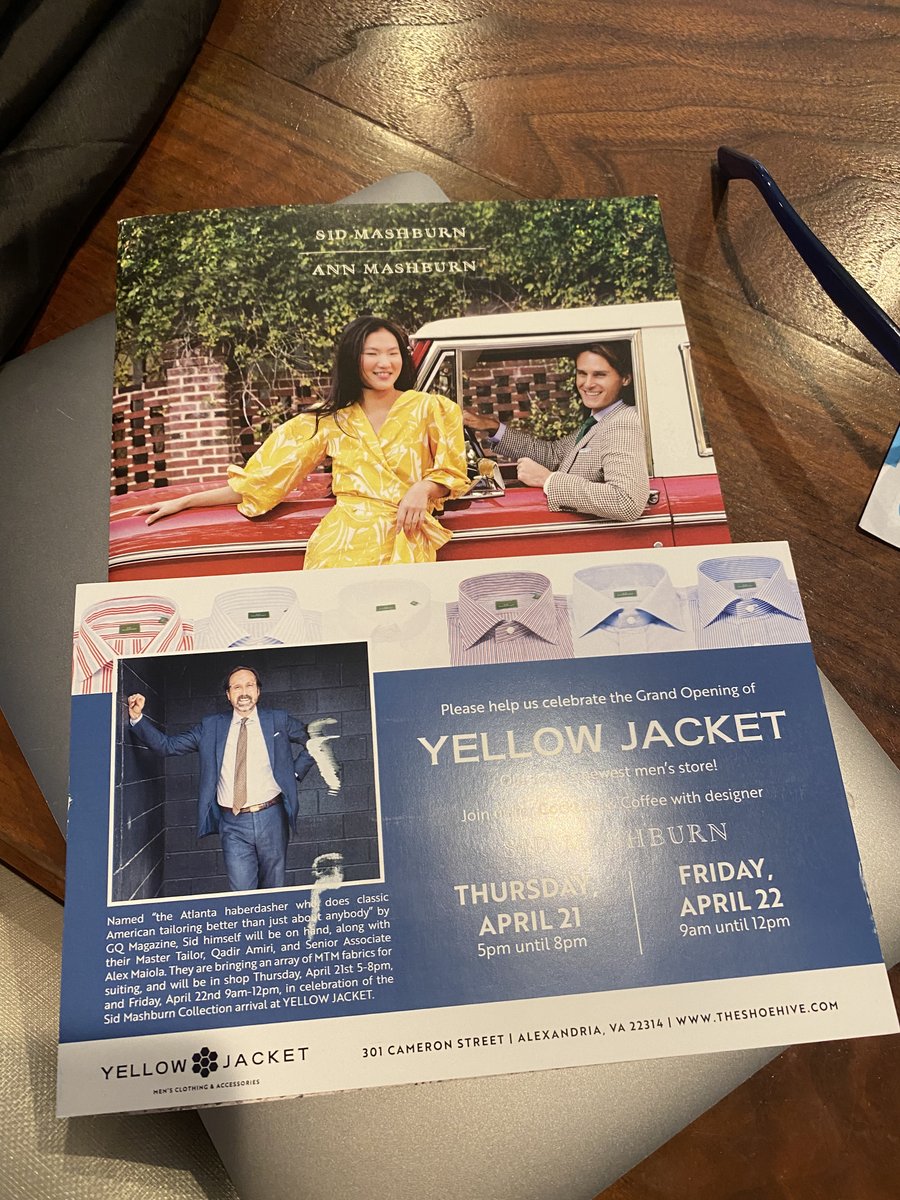 YellowJacketVA's tweet photo. The mailbox this past week had the flyer for our grand opening event with Sid Mashburn - and the spring @SidAnnMashburn catalog, on the same day? Serendipity for sure. Come see us &amp; meet Sid in our shop this Thursday or Friday! https://t.co/1PcsWpcC44