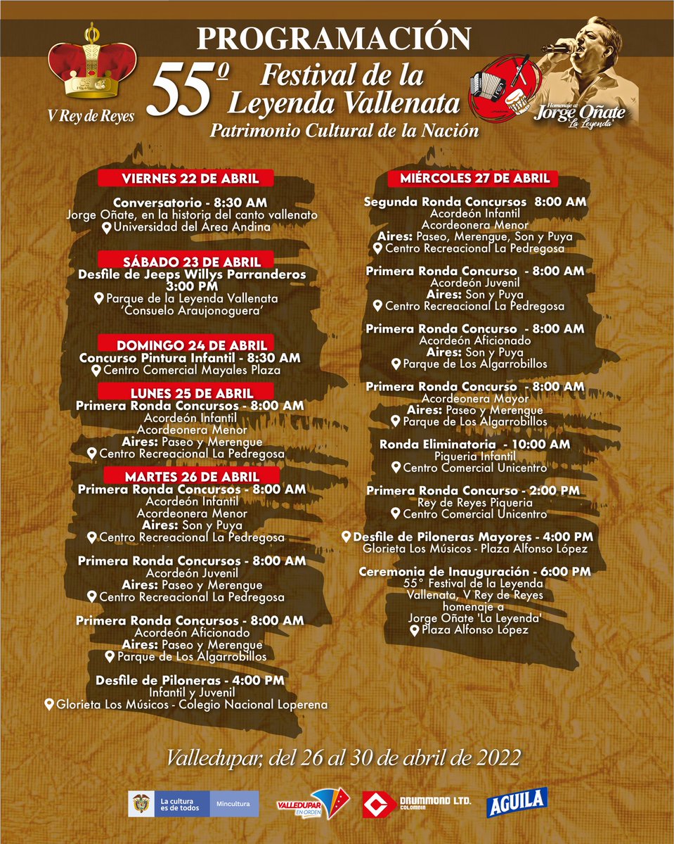 FESVALLENATO's tweet photo. ¡Mira la programación completa del 55 Festival de la Leyenda Vallenata aquí! 

#VReydeReyes #JorgeOñateLaLeyenda https://t.co/9mxZ1nBOAc
