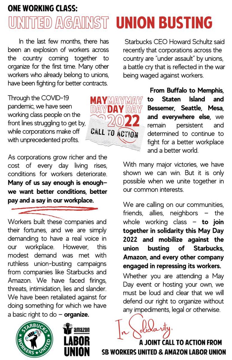 MAY DAY CALL TO ACTION 🚨🚨🚨 <a href="/Starbucks/">Starbucks</a> and <a href="/amazon/">Amazon</a> have lots in common—both are run by billionaire CEOs who bully their workers and both don’t respect the right to organize. We need to demand that union-busting ends NOW. Solidarity with <a href="/amazonlabor/">Amazon Labor Union IBT</a>