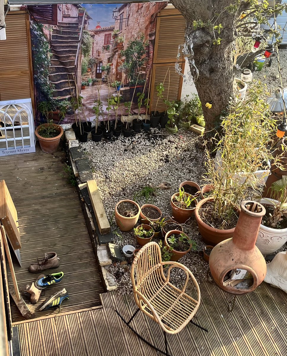 Tooks007's tweet photo. Old garage wall into a feature wall, made with a shower curtain, a tin of paint & some old shutters ๐#easterproject #GardeningTwitter https://t.co/XhjG6Wv8dy