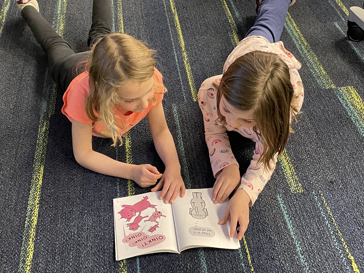 First graders reading Gerald and Piggie books.  We love Mo Willems characters!
