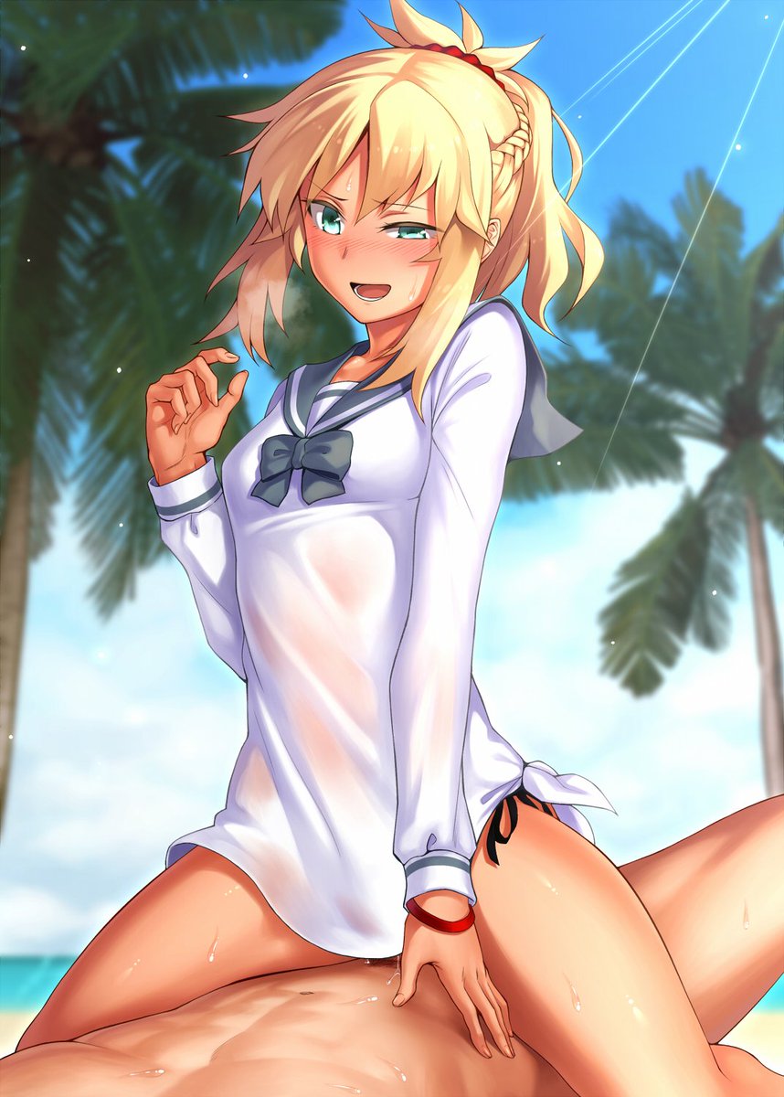 "H-Haah.. so this is why you wanted to go to the beach.."

Mordred said, taking your cock inside her all the way down to the base.
Truth be told, you just wanted to go to the beach, this was just a great coincidence 

"F-Fine.. I need some mana anyways.."