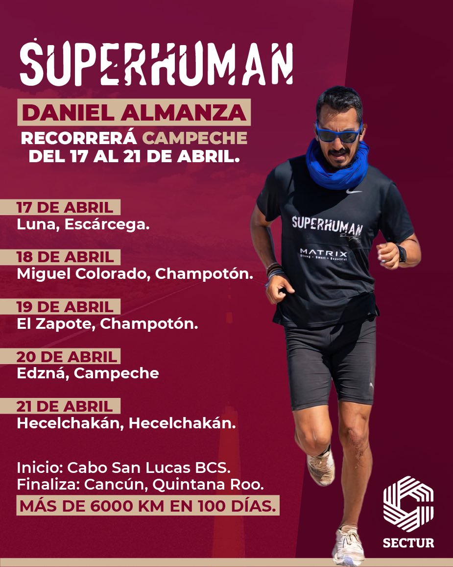 El ultramaratonista <a href="/DanielAlmanzaG/">Daniel Almanza</a> estará recorriendo #Campeche del 17 al 21 de abril como parte de su proyecto "SUPERHUMAN" que dió inicio en Los Cabos, BCS y finalizará en el estado vecino Quintana Roo. 

Esta es la ruta que ha estado llevando.👇
bit.ly/30Vsc00