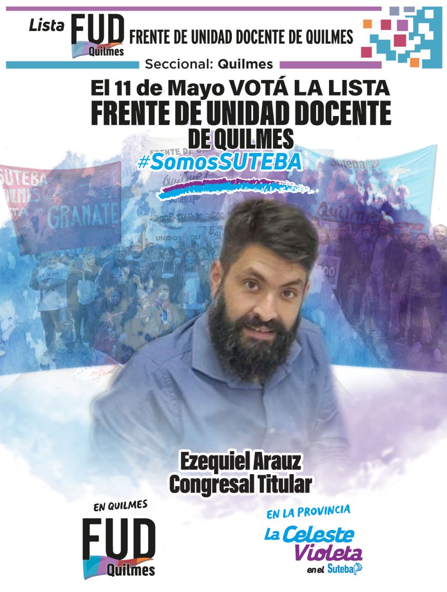 ezearauz's tweet photo. El 11 de mayo lxs docentes de Quilmes vamos por el #SindicatoQueNosMerecemos

Un orgullo integrar la lista local que encabezan Fabiana Pérez Valdéz y Romina Portillo y @RobiBaradel en la provincia. 

@fabipvaldez
@rominadelsol

#FUDQuilmes
#SomosSUTEBA https://t.co/JhRlJpQ8Xi
