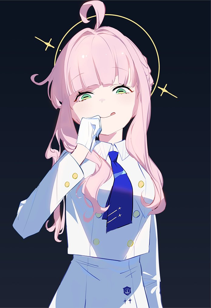 1girl solo pink hair halo green eyes gloves tongue out  illustration images