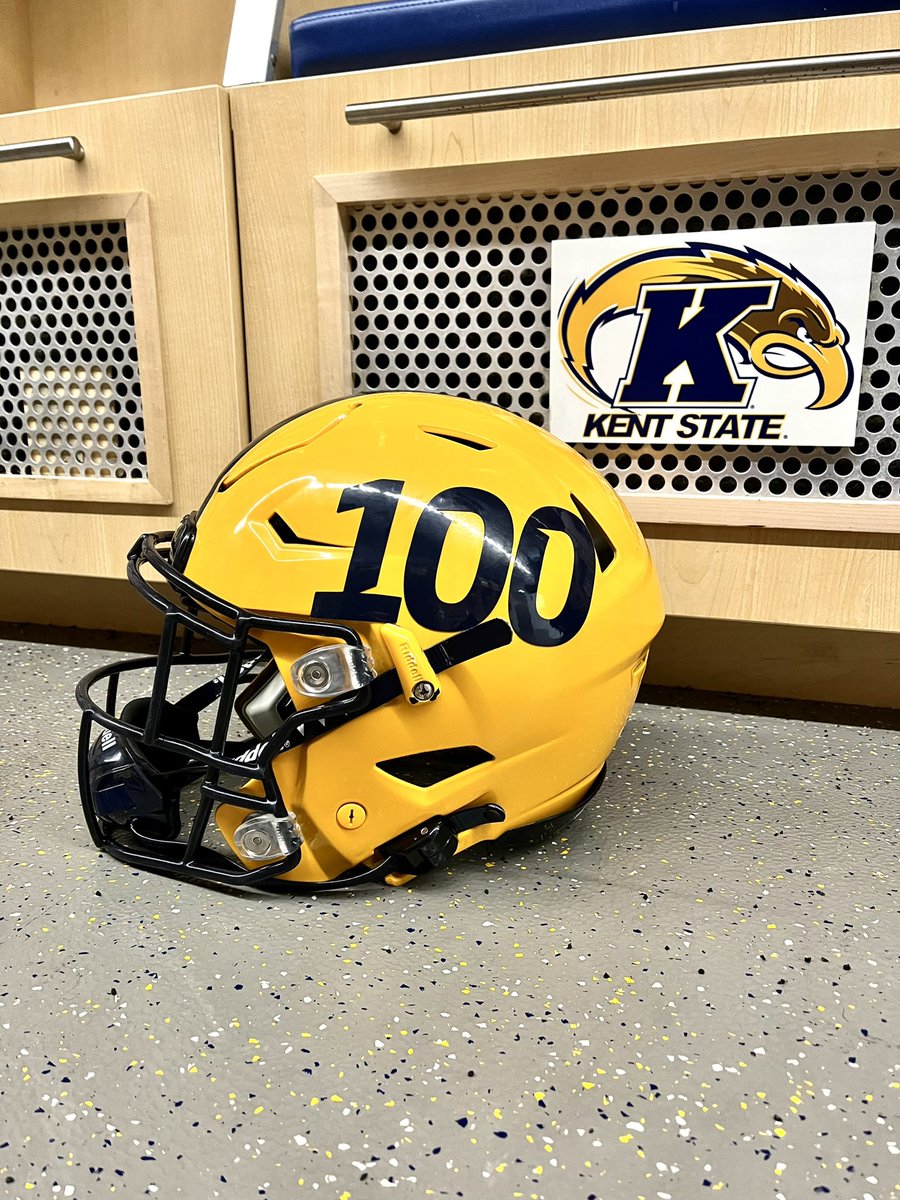 kentstatefbeq's tweet photo. For today’s Spring Game we wore “100” decals to welcome our newest member of the family, Kingston! #BetheAlpha ⚡️ https://t.co/aS2EVklgDO