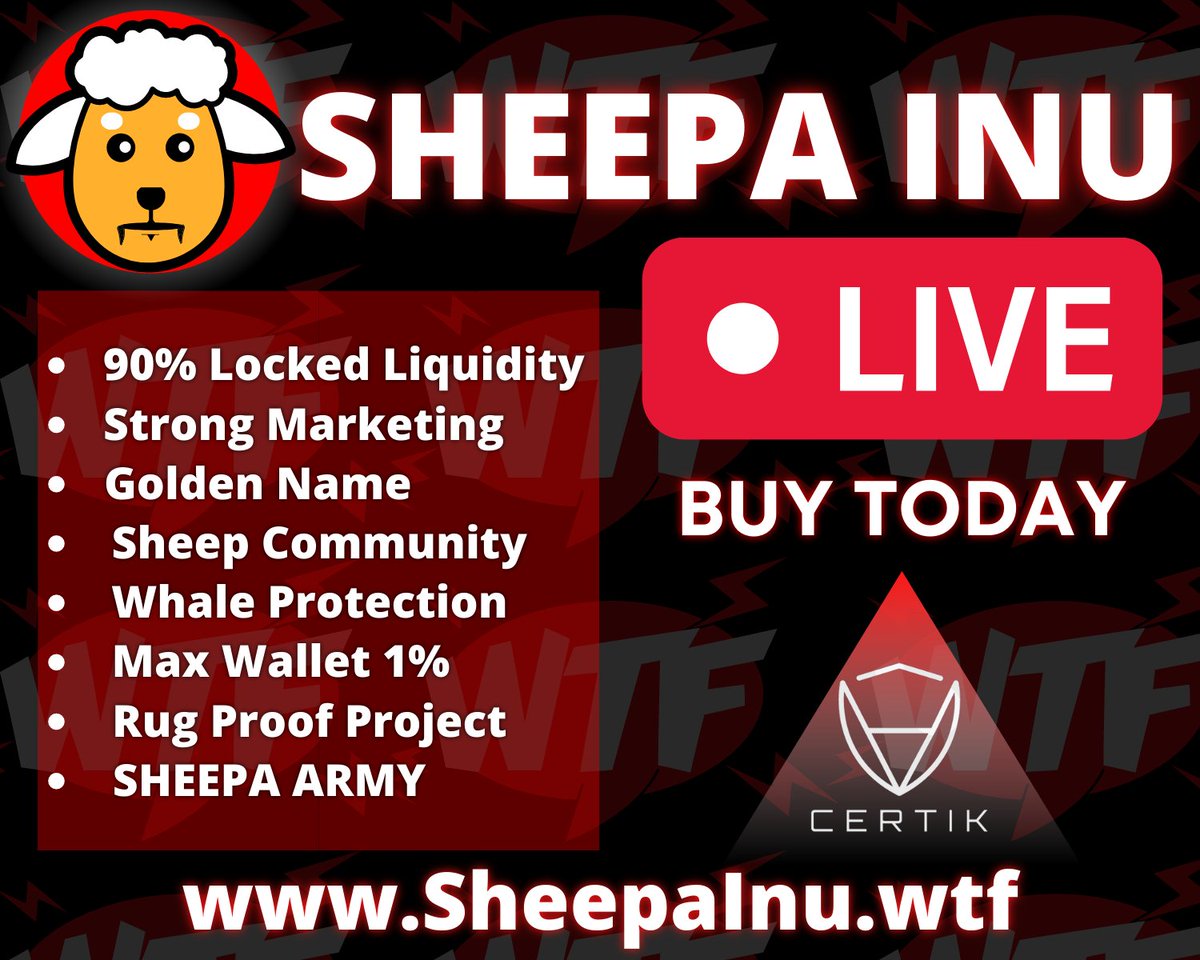 SheepaInuToken's tweet photo. ⚡️⚡️⚡️SHEEPA INU IS LIVE - GET IN NOW‼️‼️‼️
0xfcea822b46c095af9735ac5bfe7015aeb687573e
@elonmusk @AltcoinDailyio @Bitboy_Crypto @carlmoon @davidgokhshtein @Bitcoin @Shibtoken @dogecoin @henokcrypto #BINANCE #CryptoNews https://t.co/JF01c7SF5J