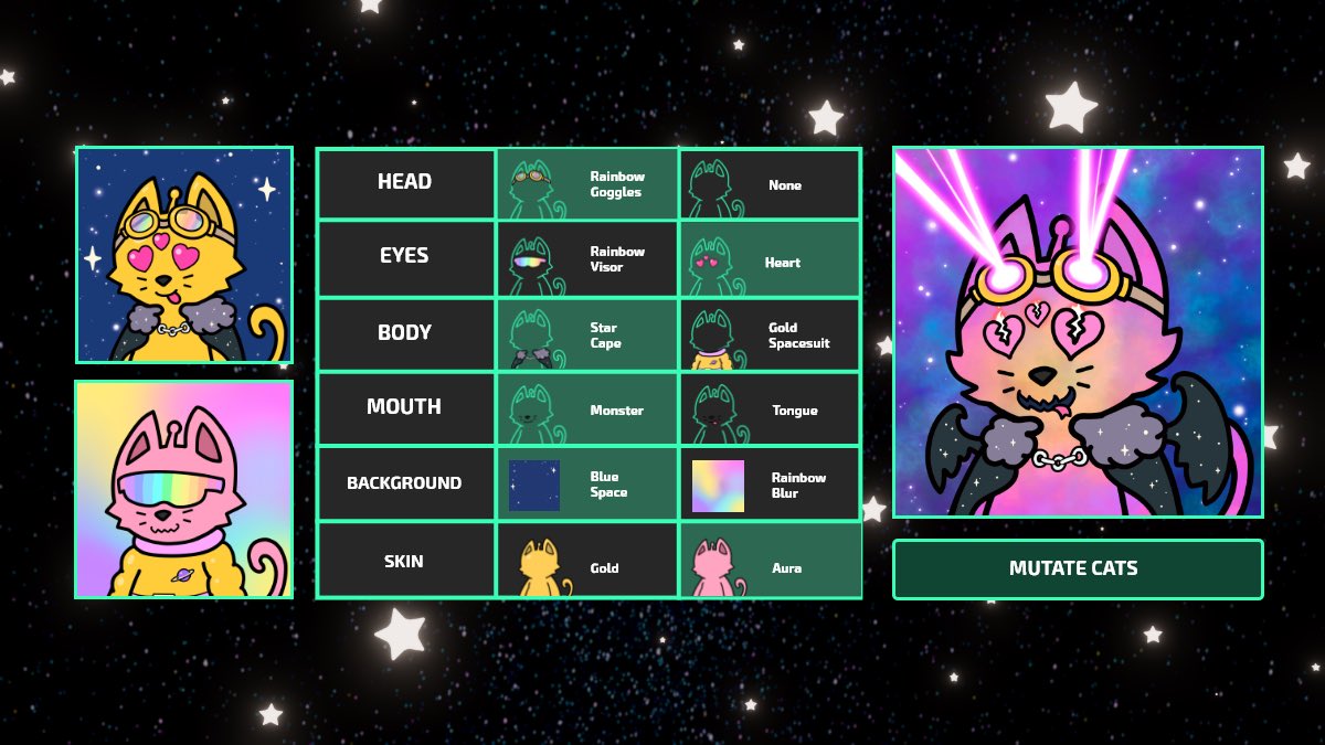 Here is how our mutations will work! You will be able to pick and choose what traits you mutate like Build-a-Cat! 😼

❤️, RT &amp; Follow us &amp; @Cosmicverse_ to enter to win a Cosmic Cat 

#NFTCommunity #NFTGiveaways #GETCOSMIC