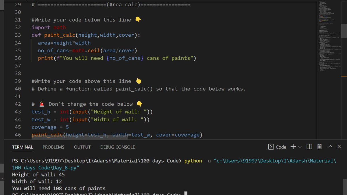 30d100aa533b4fa's tweet photo. Day114
Calculated the number of cans of paint required to paint a wall
@scaler_official
@interview_bit
#scalerdiscord #scaler #everycode https://t.co/hwa6W4fDaE