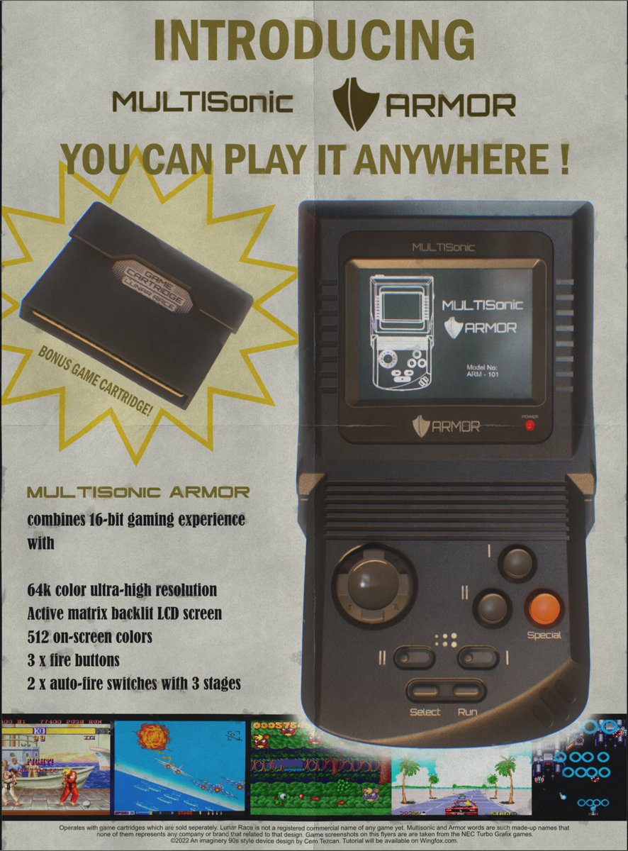 cem_tezcan's tweet photo. And old advertisement from a 90s magazine about #multisonic Armor. A 16bit hand console!
No, it's not... Soon my #CAD modeling, texturing and rendering tutorial about creating this device will be available at @Wingfoxworkshop
#Solidworks #modo #SubstancePainter #MarmosetToolbag https://t.co/fwwnm4wzfK