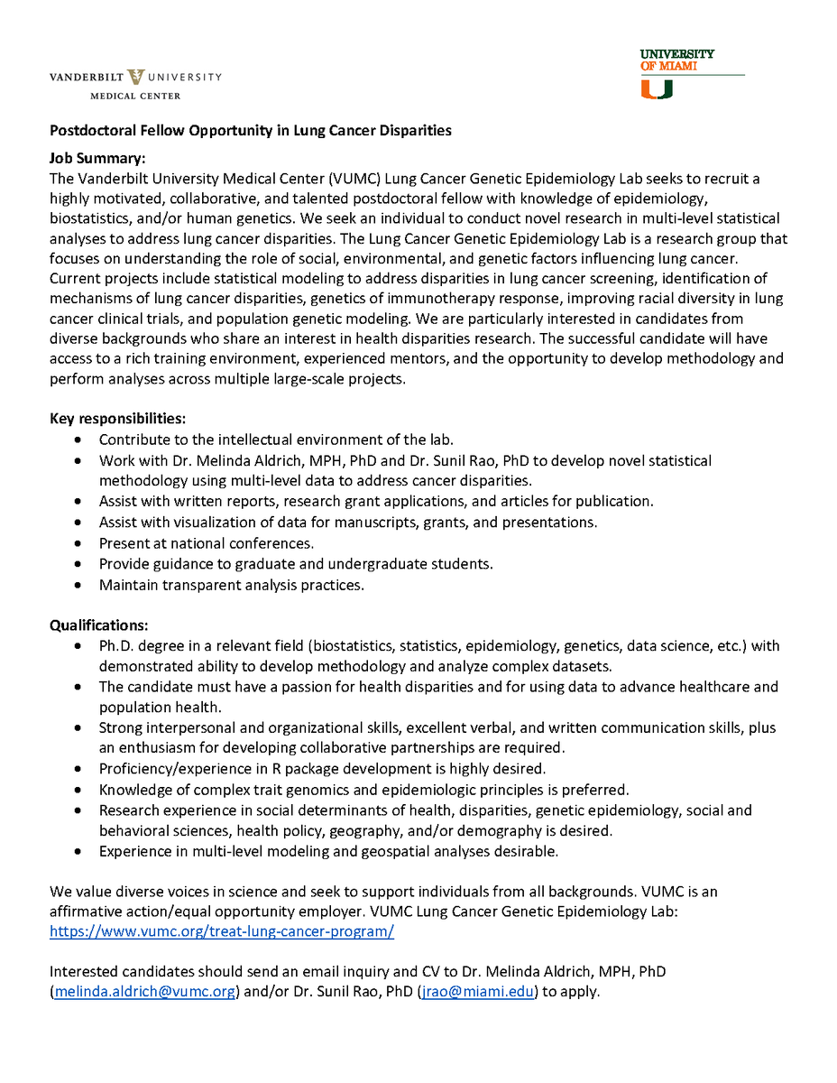 Interested in cancer health disparities, multi-level analyses, or novel statistical methods? The Lung Cancer Genetic Epidemiology Lab is seeking a postdoc. Come join us in the fun city of Nashville! Remote work possible. DM for more info.