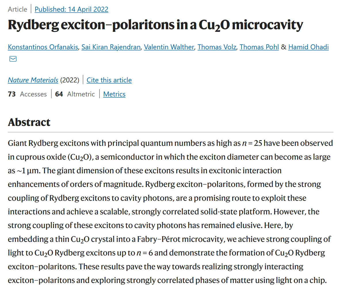 I am delighted to share that our latest paper in Nature Materials is now available online (rdcu.be/cLlPg)! 🥳🥳 You  can also read the university press release at: news.st-andrews.ac.uk/archive/ancien…
<a href="/univofstandrews/">University of St Andrews</a> #quantum #rydberg #exciton #polariton