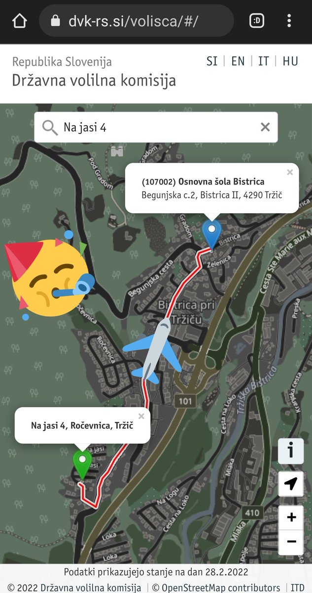 StefanBaebler's tweet image. Woohoo, @dvk_rs je danes objavil popravljen uradni zemljevid volišč za #volitve, ki zdaj vsebuje vse uradne naslove in lokacije pripadajočih volišč (ne le najbližjih) za volilno nedeljo. Za dobro mero🍬 pa še predlaga najkrajšo pot! 🗳️🏃
➡️dvk-rs.si/volisca/ #GremoVolit