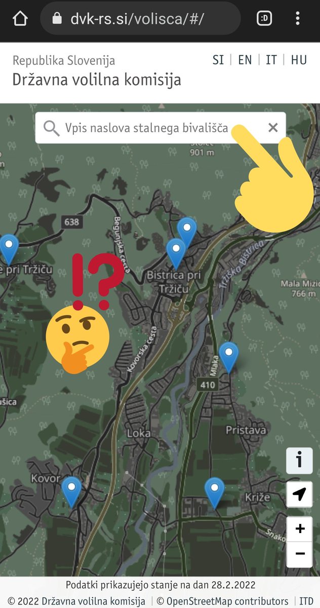 StefanBaebler's tweet image. Woohoo, @dvk_rs je danes objavil popravljen uradni zemljevid volišč za #volitve, ki zdaj vsebuje vse uradne naslove in lokacije pripadajočih volišč (ne le najbližjih) za volilno nedeljo. Za dobro mero🍬 pa še predlaga najkrajšo pot! 🗳️🏃
➡️dvk-rs.si/volisca/ #GremoVolit