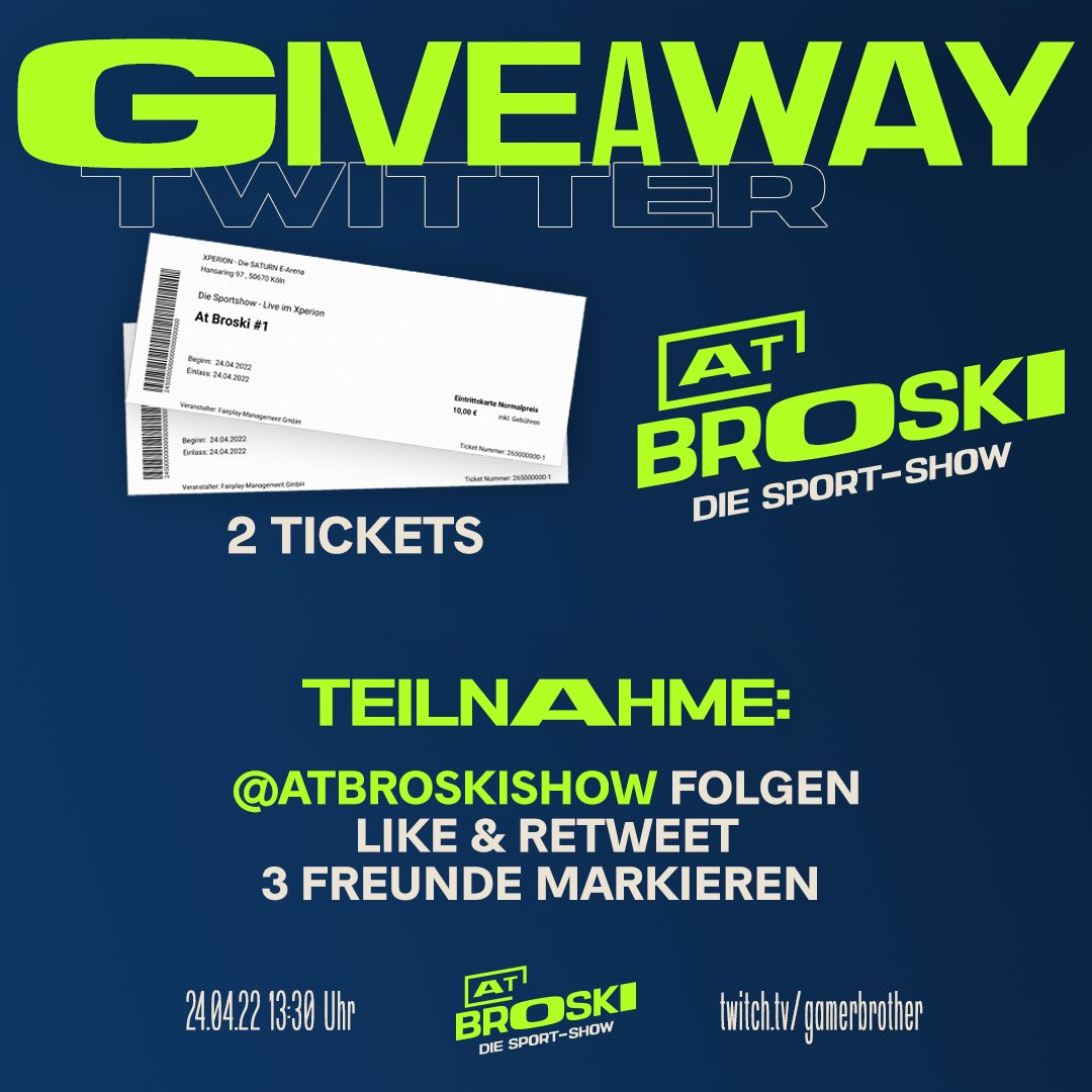 AtBroskiShow's tweet photo. Da eure Nachfrage so hoch war, verlosen wir für die erste Show am 24.4. noch ein Mal 2 Tickets 
Viel Erfolg 🍀 https://t.co/MG9EaZ8S2M