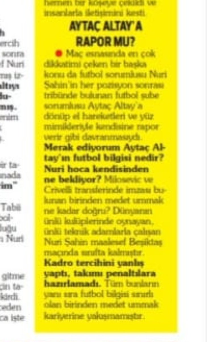 Tebrikler Aytaç Altay❗
Nuri Şahin'e verdiğin taktiklerle birlikte takım Avrupa yolunda❗
Desem de inanmayın 🤭
Buna tabii ki sadece USTA gasteci inanır❗
Bu büyük başarı için Nuri Şahin'e teşekkürler❗

#Antalyaspor 🔴⚪

(7 Ocak'taki Şifa Çiçek'in Hürriyet Akdeniz'deki köşesi)