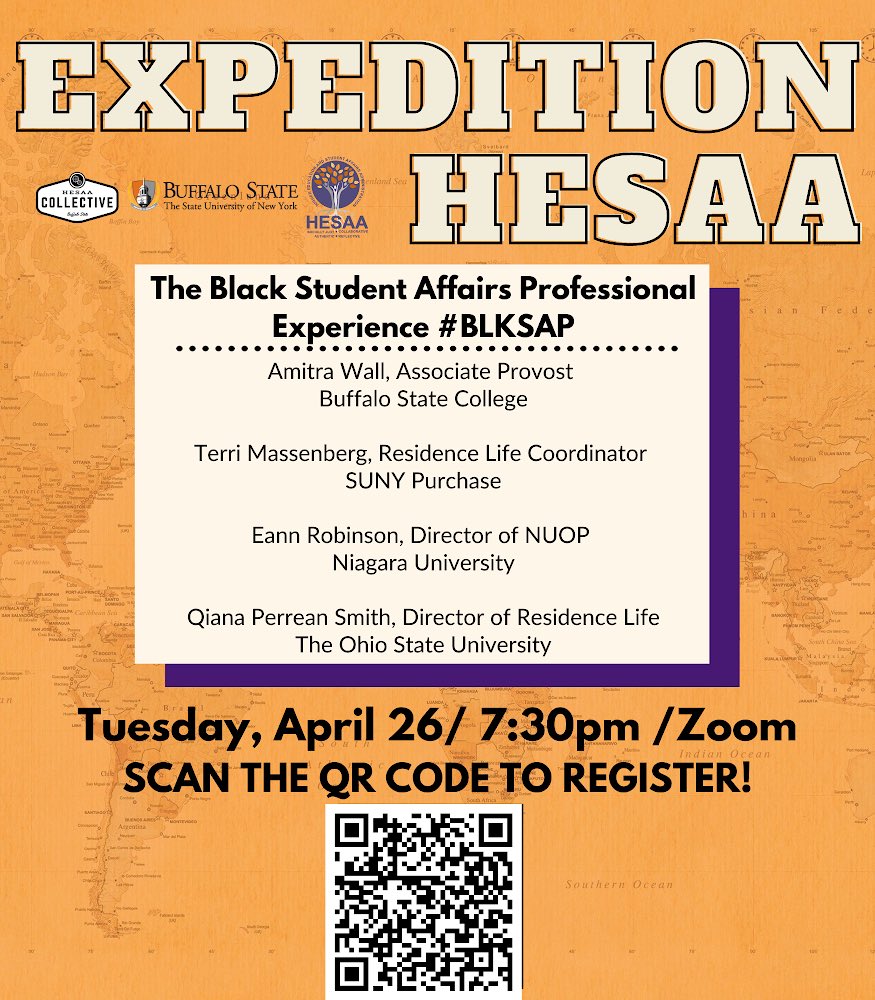 buffalostatehea's tweet photo. Join the HESAA Collective on Tuesday, April 26 at 7:30pm for a virtual panel discussion on the experiences of Black professionals in Student Affairs. Scan the QR code or use the following link to register! https://t.co/wNvN3cLG0I https://t.co/iNhKP1UZPO