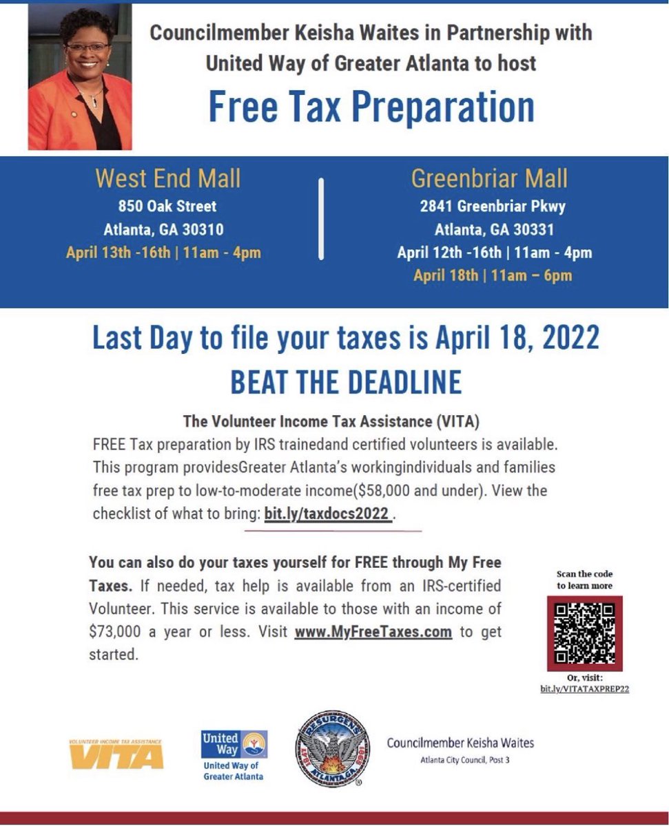 nputatlanta's tweet photo. Tax day is coming up! Get your taxes done for FREE at the West End Mall or at Greenbriar Mall. You can also visit https://t.co/Iv5nh7ZTaK @atlcouncil @CityofAtlanta https://t.co/01BsQUN4Th