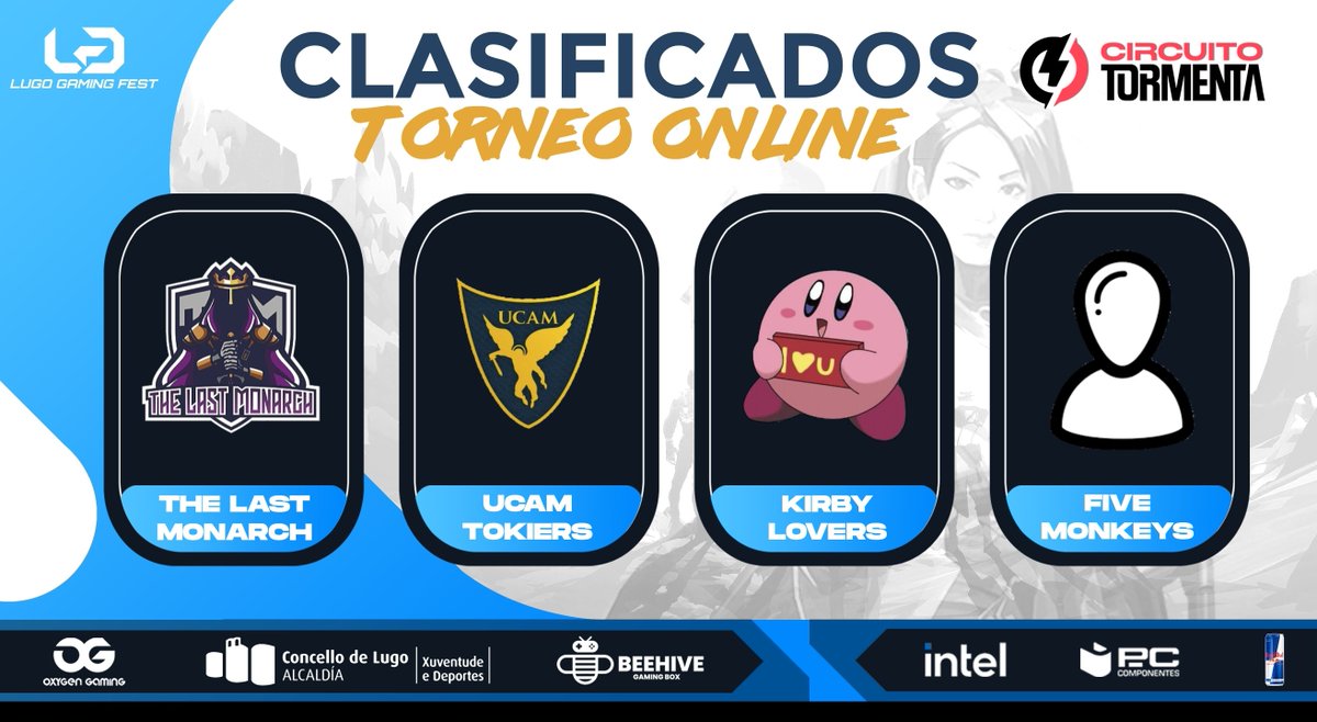 LugoGamingFest's tweet photo. ¡También tenemos los clasificados a la fase final de nuestro torneo online de @VALORANTes en @TormentaVALes! 👏

@TLMesports 🆚 @UCAM_esports
@PatateraSquad 🆚 #FiveMonkeys

¡Enhorabuena y muchísima suerte mañana! 🏆

#LugoGamingFest
#CircuitoTormenta2022 https://t.co/ODpZQH0YrU