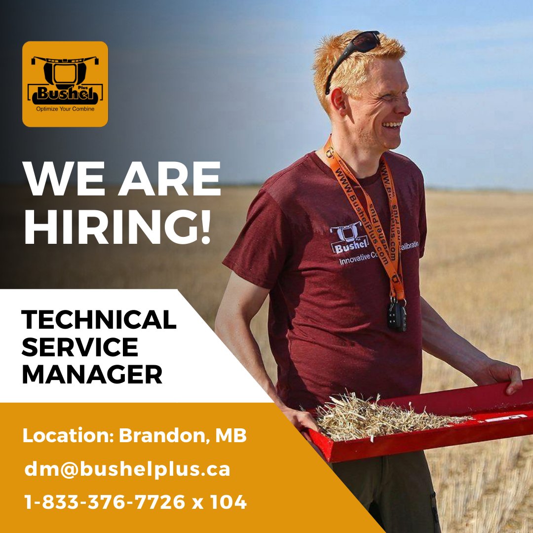 BushelPlus's tweet photo. 📣📣 We're looking to add a Technical Service Manager to our team!

If you think you'd be the perfect fit for our dynamic team in Brandon, MB, send us your resume to dm@bushelplus.ca

OR call us from Monday - Friday at 1-833-376-7726 x 104
https://t.co/J2M6zcbKs1 https://t.co/Nz8bJGRtkR