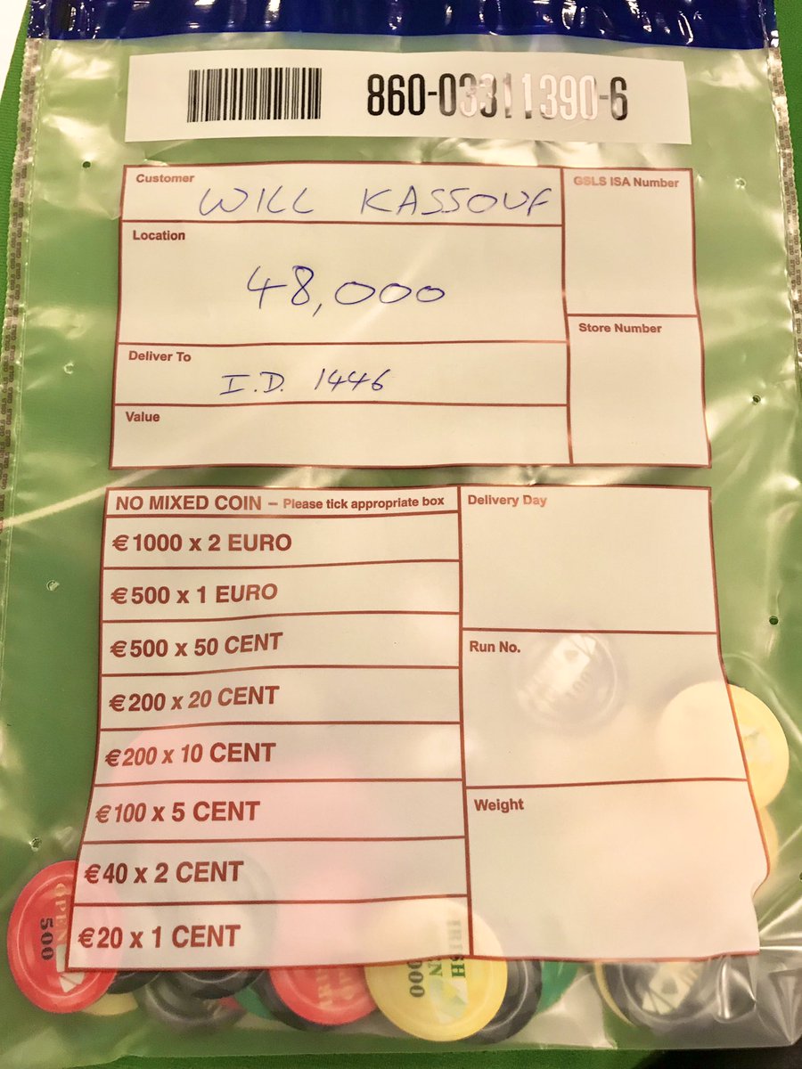 WilliamKassouf's tweet photo. Irish Open Main Event Day 2
Started with 48k in chips (40 BBs).
2,040 players. β¬1,989,000 prize pool. Now ITM. 263 players left. Min cash β¬1,970. Top prize β¬318,700!
Got 330k with blinds at 2.5k-5k (5k). Time to crush.
π€πͺππ°πΎπβοΈ
#IrishOpen
#coconuts
#9highlikeaboss https://t.co/SFqxPTLO6f