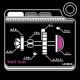A diagram of a ship, with a part selected in pink, and the text Start Scan