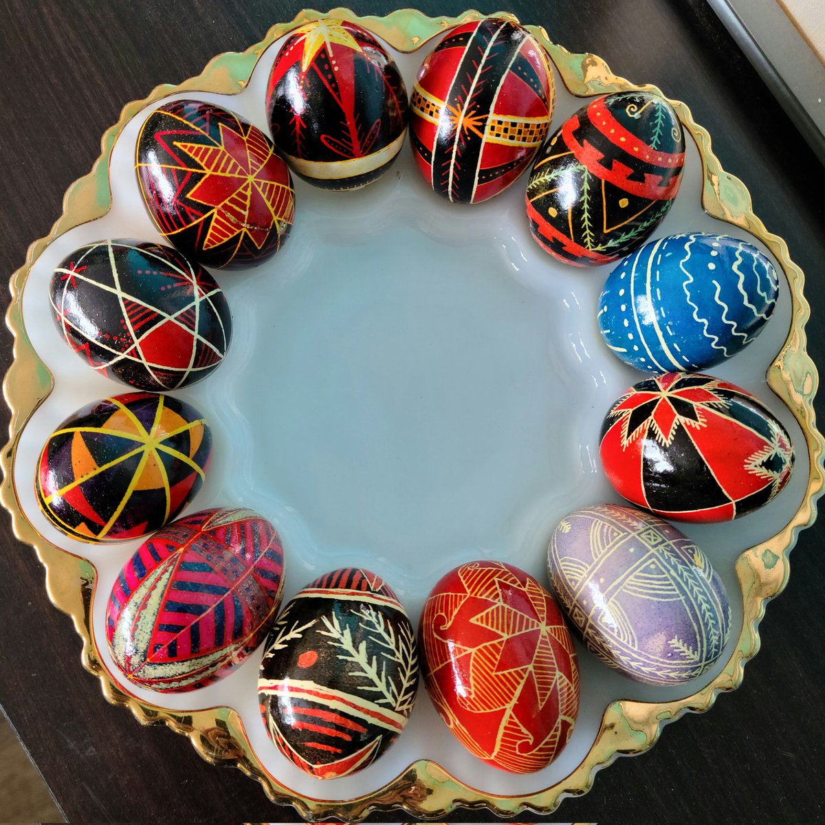 BlueChalcedony6's tweet photo. @clairecmc A selection of my daughter's pysanky over the years https://t.co/qJUUTjQTfV