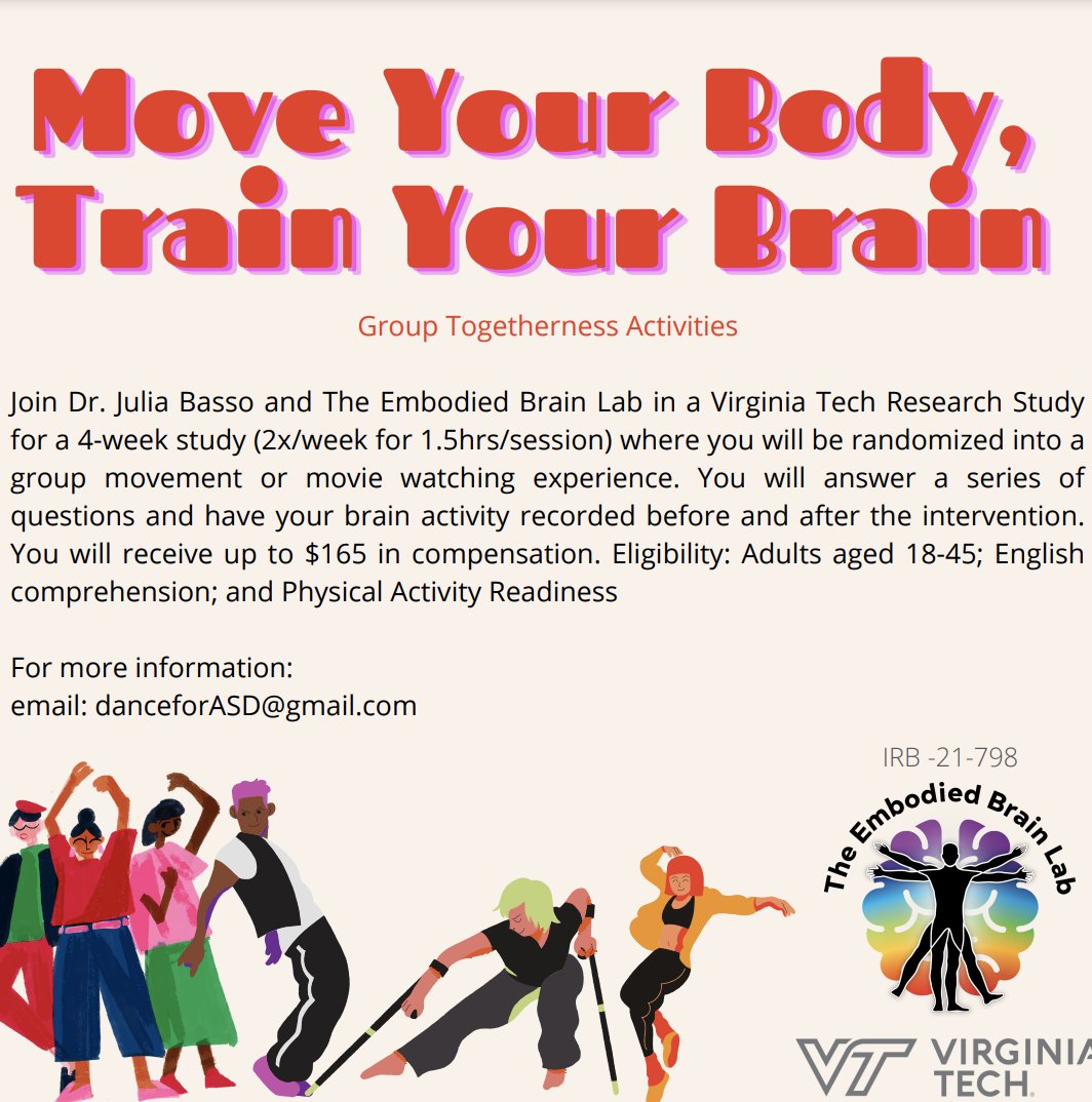 Embodied Brain Lab (@bodybrainlab) on Twitter photo We are now recruiting for a new, IRB-approved study. See flyer for additional info. Email us at danceforasd@gmail.com to join or for more information! We are now recruiting for a new, IRB-approved study. See flyer for additional info. Email us at danceforasd@gmail.com to join or for more information!