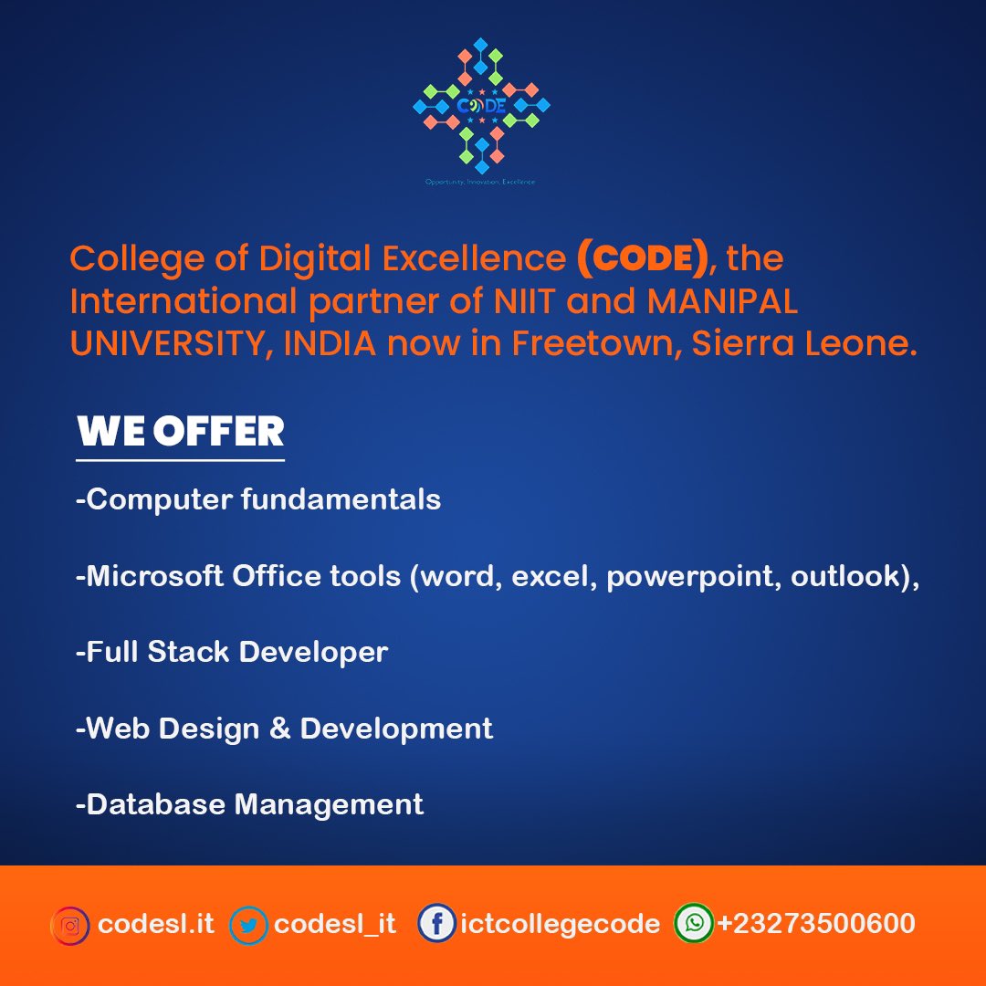 codesl_it's tweet image. Here are some of the courses we offer from Certificate to Honors/Professional Diploma level. 

You can also reach us on any of the listed social platforms or 36 Main Motor Road, Congo Cross.

#CodeSL #tech #digital #sierraleone #freetown #college #microsoft #webdesign