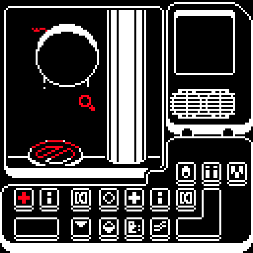 An interface with an array of buttons covered in symbols, and the image of a vent in a wall with the grate removed