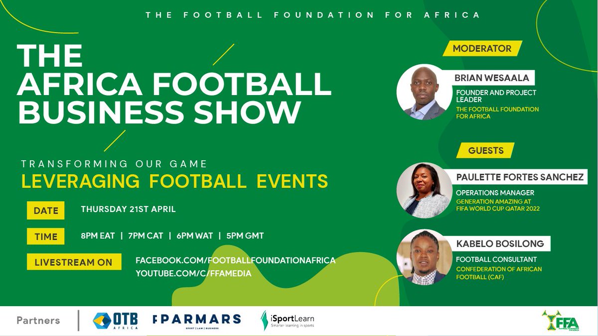 The Africa Football Business Show is back next week with <a href="/brianwesaala/">Brian Wesaala</a> hosting <a href="/kabos9/">Kabelo Bosilong</a> Football Consultant at <a href="/CAF_Online/">CAF_Online</a> and @PauletteFSSealy  Operations Manager #GenerationAmazing at <a href="/FIFAWorldCup/">FIFA World Cup</a> Qatar 2022 talking football events. Register. eventbrite.com/e/322012065757