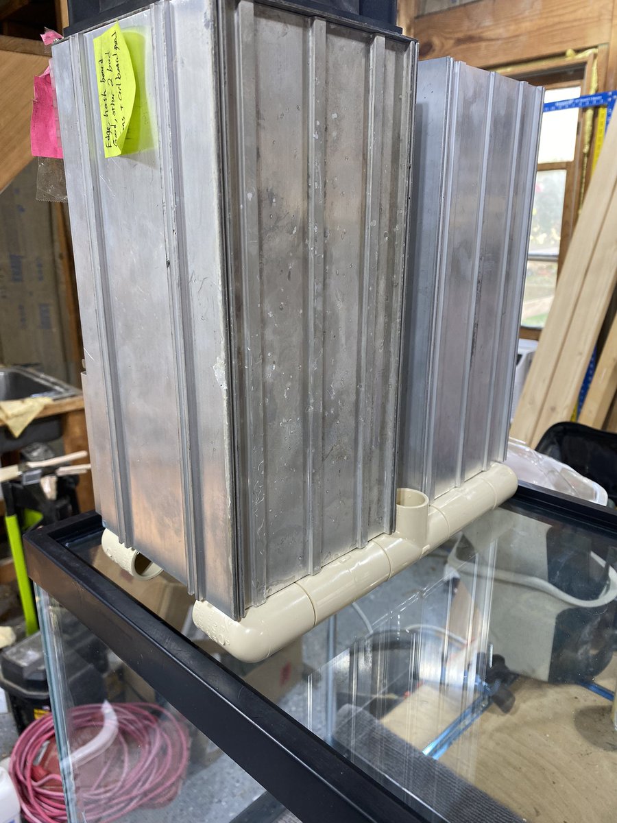 Schnitzel's tweet photo. 20 gallon fish tank, will start with two S9 but might be able to squeeze 6 in here. Working on the #bitcool inlet with CPVC piping (can handle higher heat) #bitcoin #btcwaterheater https://t.co/DHwZqzGxmx