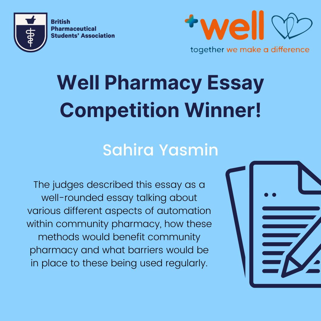 BPSA's tweet photo. The winner of the Well Essay Competition is Sahira Yasmin! The judges prided Sahira on the well-rounded essay focusing on multiple aspects and barriers of Automation in Community Pharmacy! Congratulations Sahira! #bpsa80ac https://t.co/noHQxQrzlc