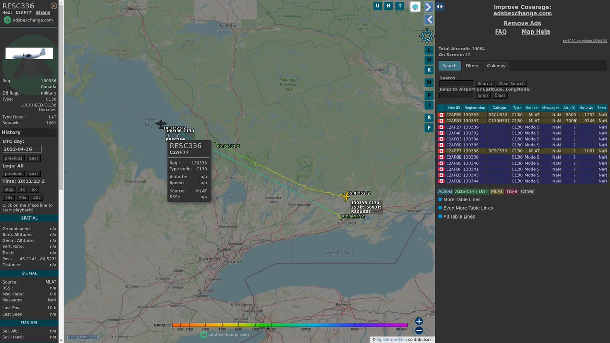steffanwatkins's tweet photo. #RCAF CC-130H 130336 left #CFBTrenton at 9:33Z (5:33 local) with a callsign of #RESC336, and went out of range of four #ADSBexchange receivers ~10:10Z.
The CC-130H is incapable of transmitting precise location data, so we lose contact much earlier than the CC-130J.
#C2AF77 https://t.co/93TvoY9ZK7