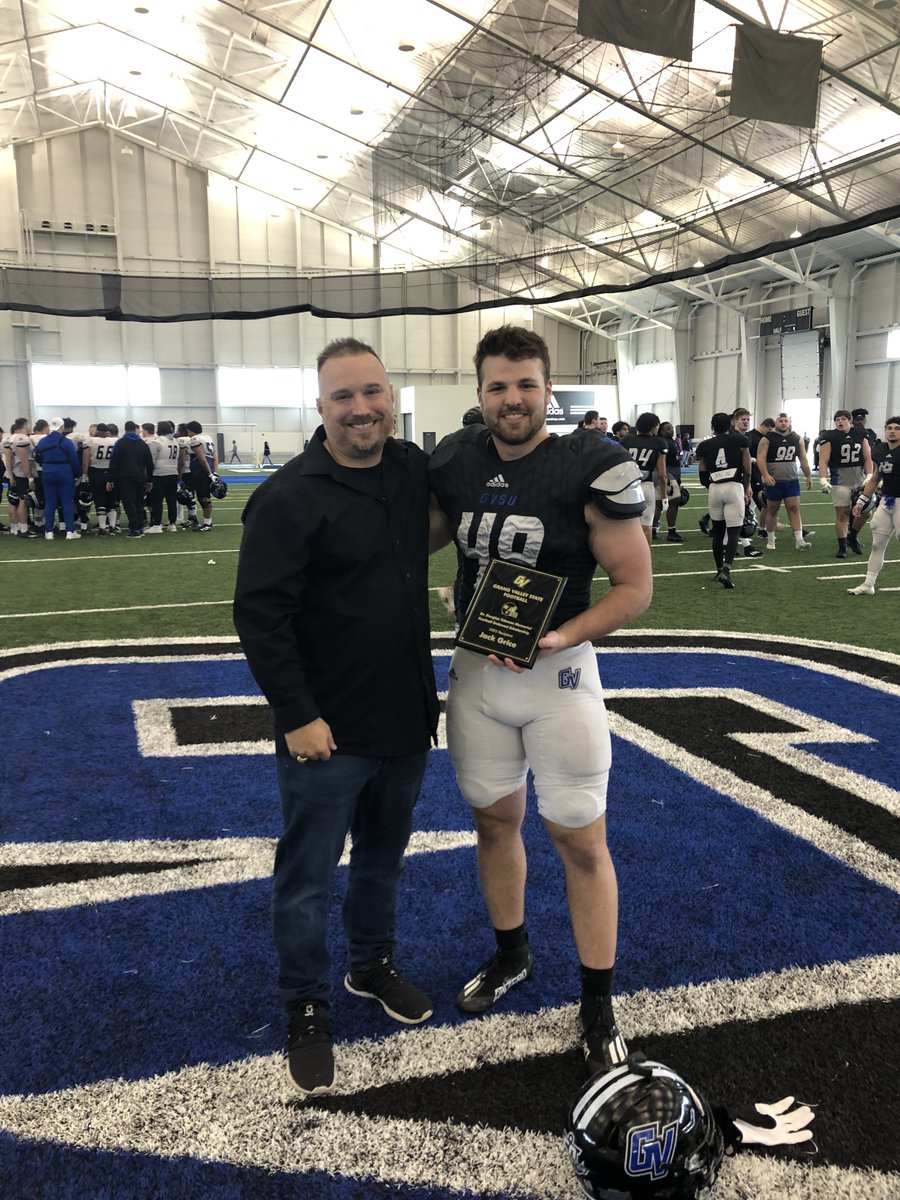 Congrats to sophomore LB Jack Grice who is the first recipient of the Dr. Douglas Tubman Memorial Scholarship. Jack exemplifies what the consummate GVSU football does on a day-to-day basis. Takes care of his business on and off the field. #AnchorUp
