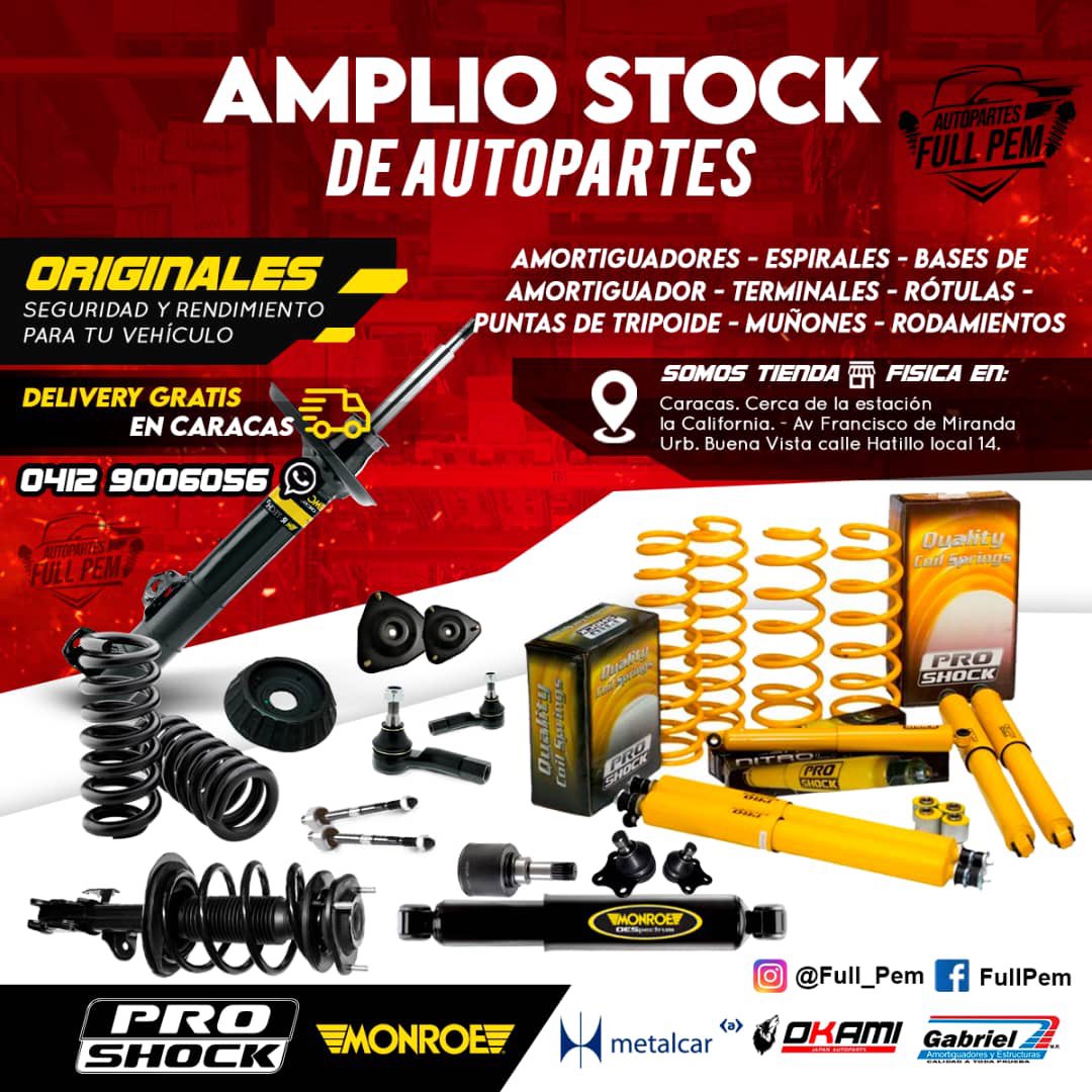 Full_Pem's tweet photo. 🏬AUTOPARTES FULL PEM C.A🔩  

🔷DISPONIBLE🔷

🔥LAS MEJORES MARCAS DEL MERCADO : GABRIEL, MONROE, OKAMI, PRO SHOCK, METALCAR, HARRIS, MOG, MASTER KING Y MUCHAS MÁS ! 🔺👁 https://t.co/jJZVodqIAq