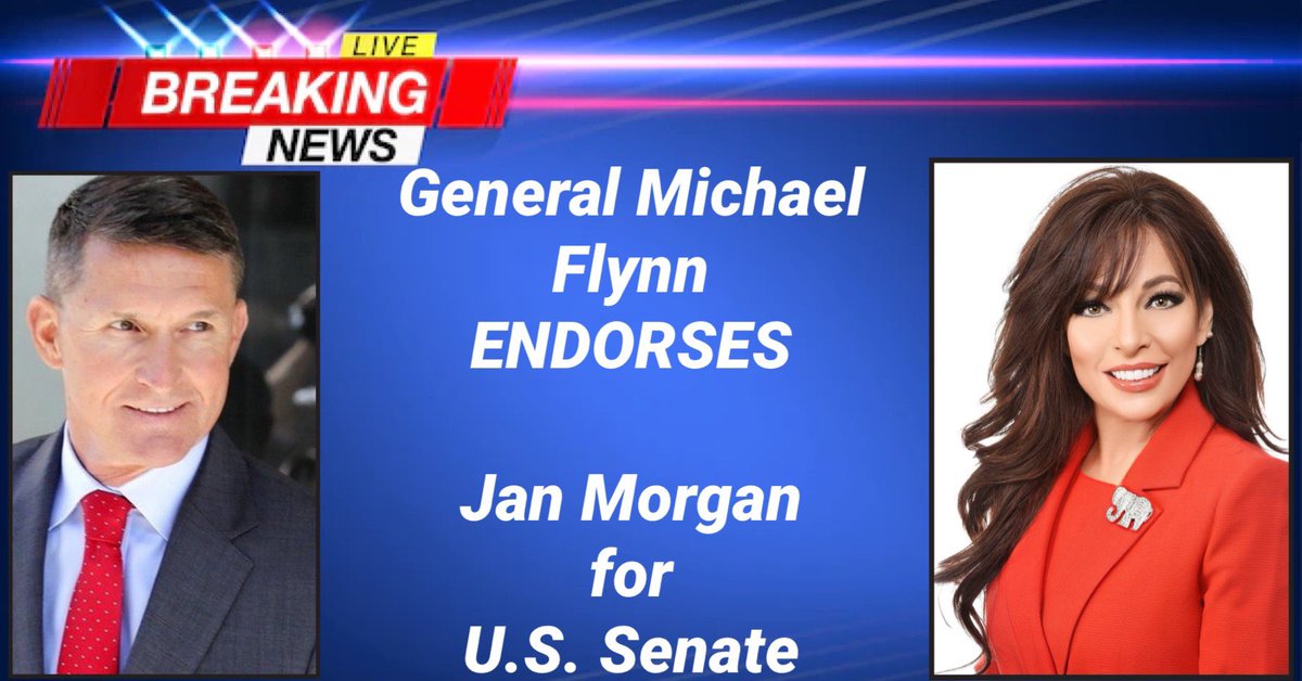 JanMorganMedia's tweet photo. General Michael Flynn ENDORSES Jan Morgan for U.S. Senate on national television ! 

WATCH the video at this link: 

https://t.co/8mVRNIonOD https://t.co/TMWwnW1wtZ