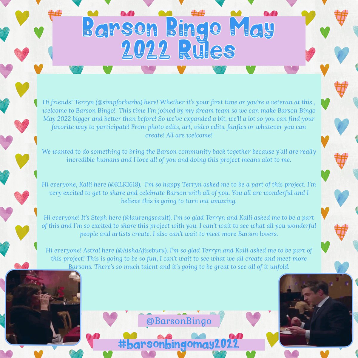 BarsonBingo's tweet photo. I hope y’all are as excited as we are for hosting #barsonbingomay2022! All the information you need to participate is in the graphics below! https://t.co/U90Octo24o