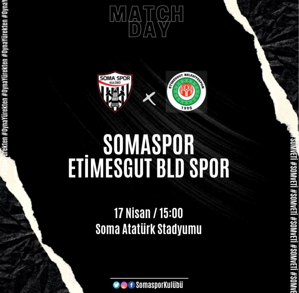 #MaçGünü
🆚 Somaspor'umuz / Etimesgut Belediyespor
📆 17 Nisan 2022 / Pazar | 15:00
🏟 Soma Atatürk Stadyumu
#OynaYÜREKTEN #Somaspor #Siyahİnciler #SOMvETİ #GünlerdenSOMASPOR