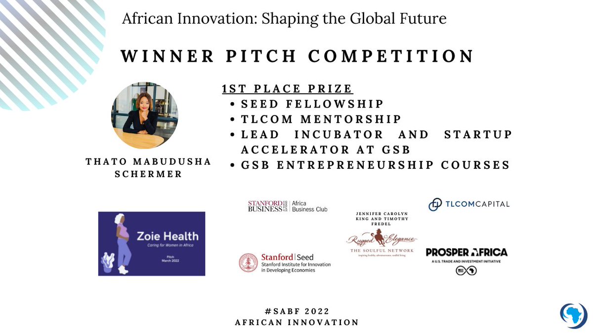 Huge congratulations to Thato Mabudusha Schermer &amp; the <a href="/zoiehealth/">Zoie Health</a> team for winning the grand prize at the Stanford Africa Pitch Competition! #SABF2022