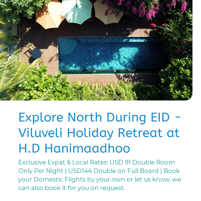 MvTravelWizard's tweet photo. Explore North during EID at Viluveli Holiday Retreat at H.D Hanimaadhoo
For availability and booking: WhatsApp: 7779913 | Email: book@travelwizard.mv
About the hotel: https://t.co/AH6lUOB6oa https://t.co/01FA8smDrl