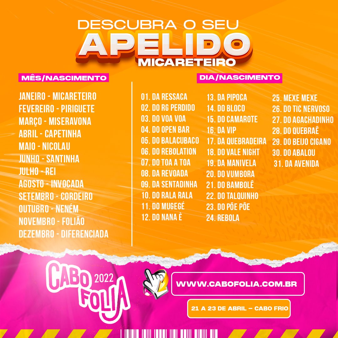 cabofoliaof's tweet photo. Como é que ficou o seu Apelido Micareteiro??? Comenta aqui 👇

Anota direitinho pra usar lá no Corredor da Folia, hein!? 😅

📲Compre o seu Abadá no Site: https://t.co/2ufPME6tQU

#vemprocabofolia #cabofolia2022
#borareviverocabofolia #cabofrio https://t.co/TZJU5YvJ3v