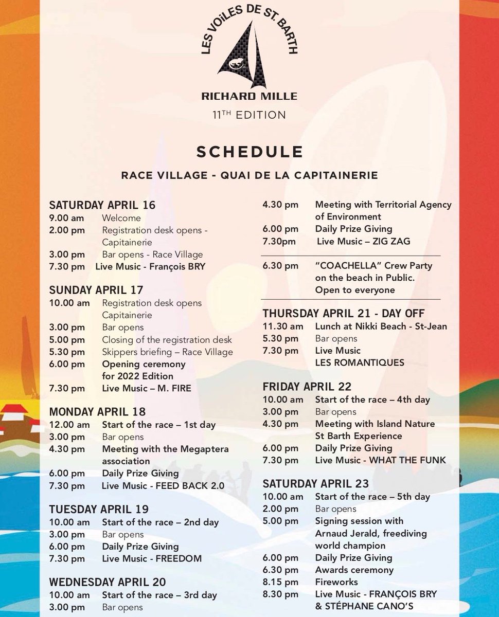 Here is the official programme of this week's action on the water and in our Race Village here in Gustavia ☀️🌊⛵️
