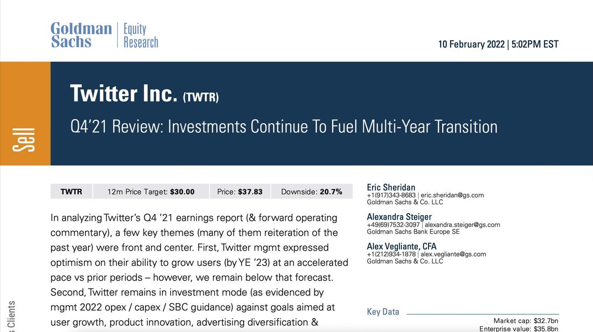 WSBChairman's tweet photo. Goldman Sachs, the bank advising the Twitter Board to decline the deal, currently has a $30 price target on Twitter's stock...45% below Elon's offer. https://t.co/wbqN9aBkQQ
